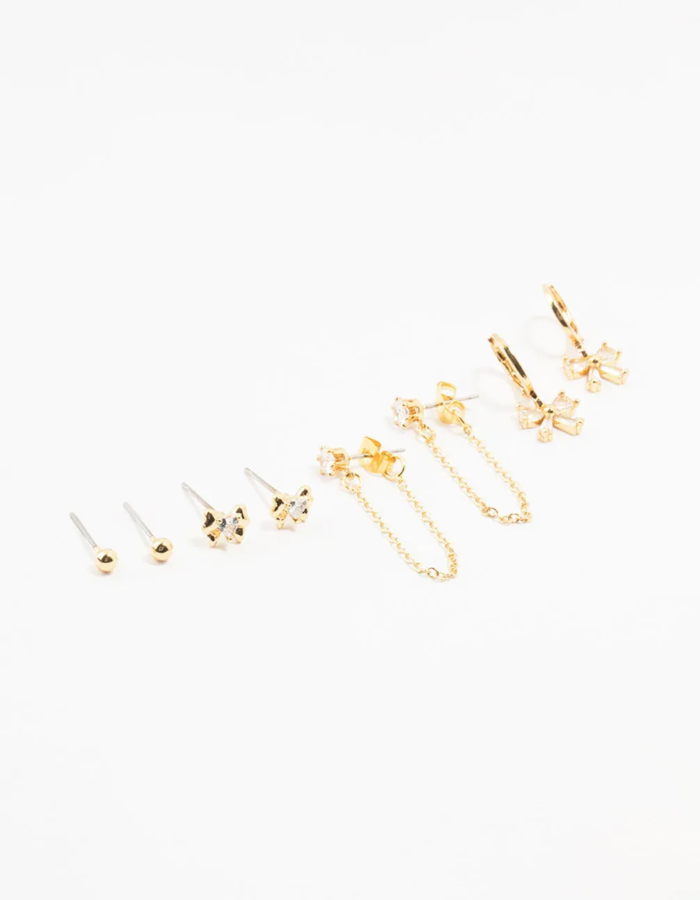 Gold Plated Brass Heart Bow Chain Earrings 4-Pack Spiral Trinket