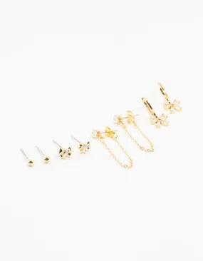Retro Embellishment Decorative Decor Gold Plated Brass Heart Bow Chain Earrings 4-Pack