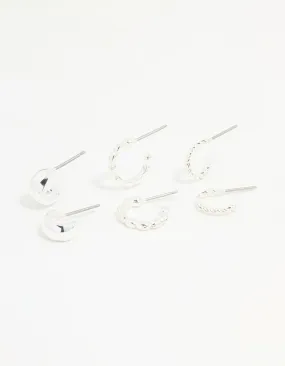 Trendy Accent Silver Textured Huggie Earrings 3-Pack