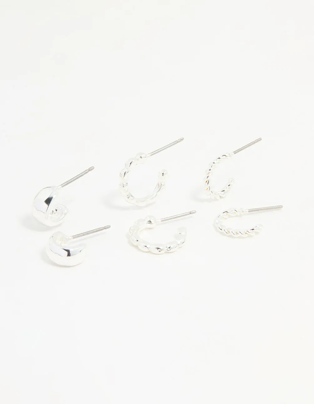 Trendy Accent Silver Textured Huggie Earrings 3-Pack