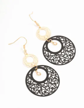 Glossy Accessory Black Coated Metal Filigree Disc Drop Earrings