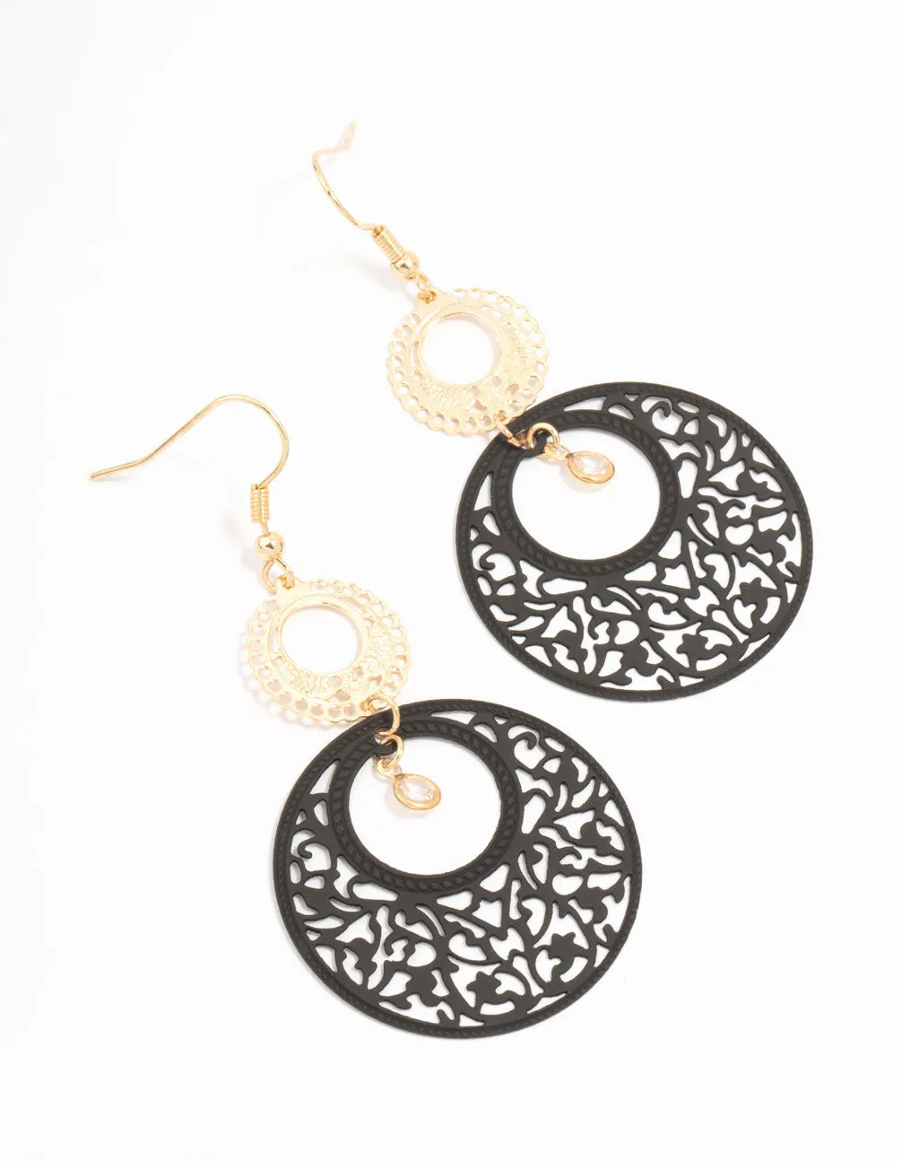 Glossy Accessory Black Coated Metal Filigree Disc Drop Earrings