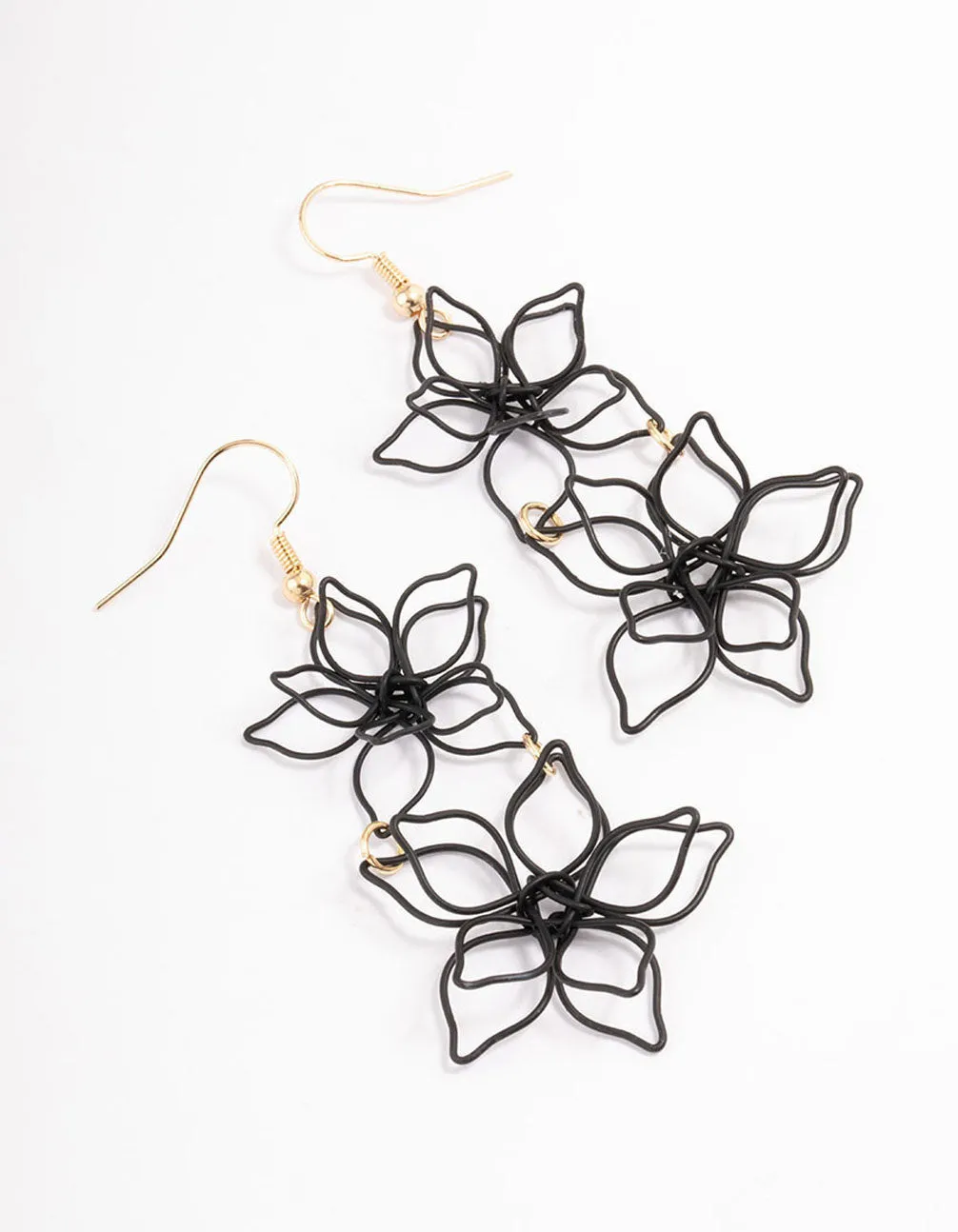 Black Double Wire Flower Drop Earrings Exquisite Look