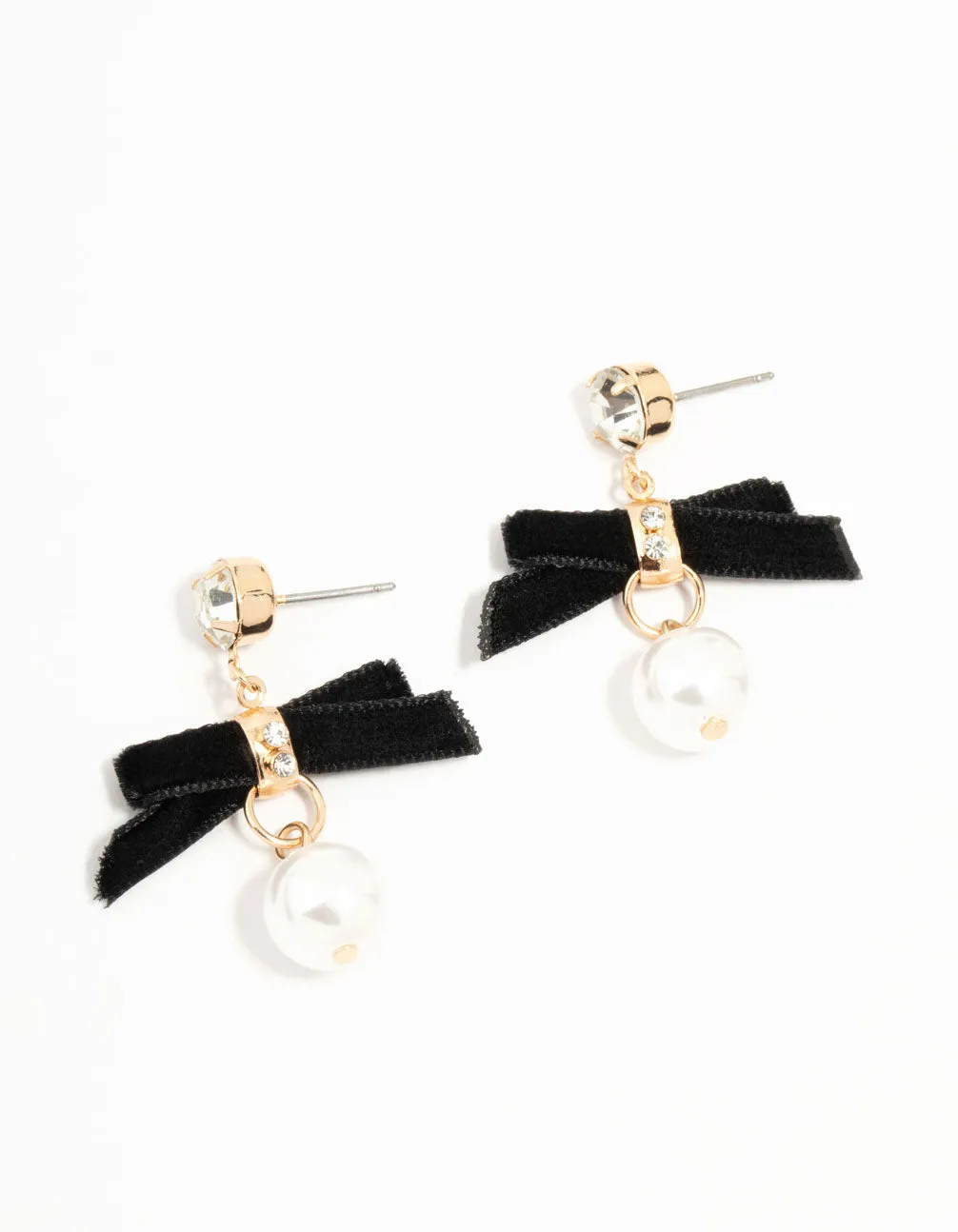 Black Velvet Bow & Mini Pearl Drop Earrings Lovely Jewelry Evening Ornament