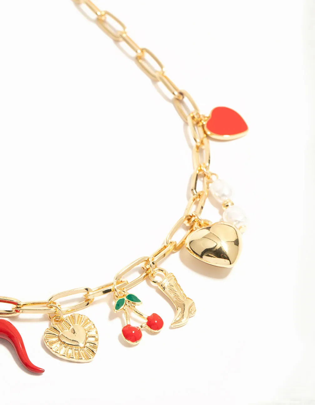 Gold Plated Chili & Cherry Charm Necklace Youthful Vibe Understated Chic