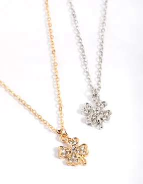 Mixed Metal Diamante Clover Necklace Pack Open Air