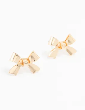 Gold Ribbon Bow Stud Earrings Unique Accent Abstract Ornament