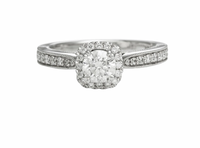 14 Karat White Gold Milgrain Halo Engagement Ring (0.77cttw) Minimal Spark