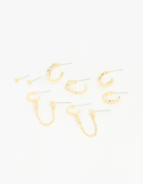 Dull Item Gold Plated Diamante Hoop & Chain Drop Earrings 5-Pack