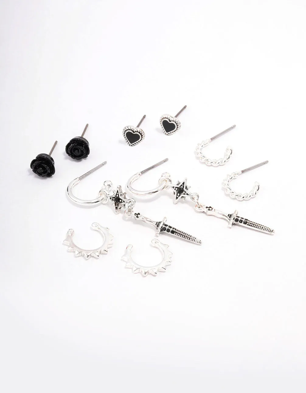 Silver Mixed Heart & Rose Earring 5-Pack Affordable Aesthetic Daytime Decoration