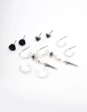 Silver Mixed Heart & Rose Earring 5-Pack Affordable Aesthetic Daytime Decoration