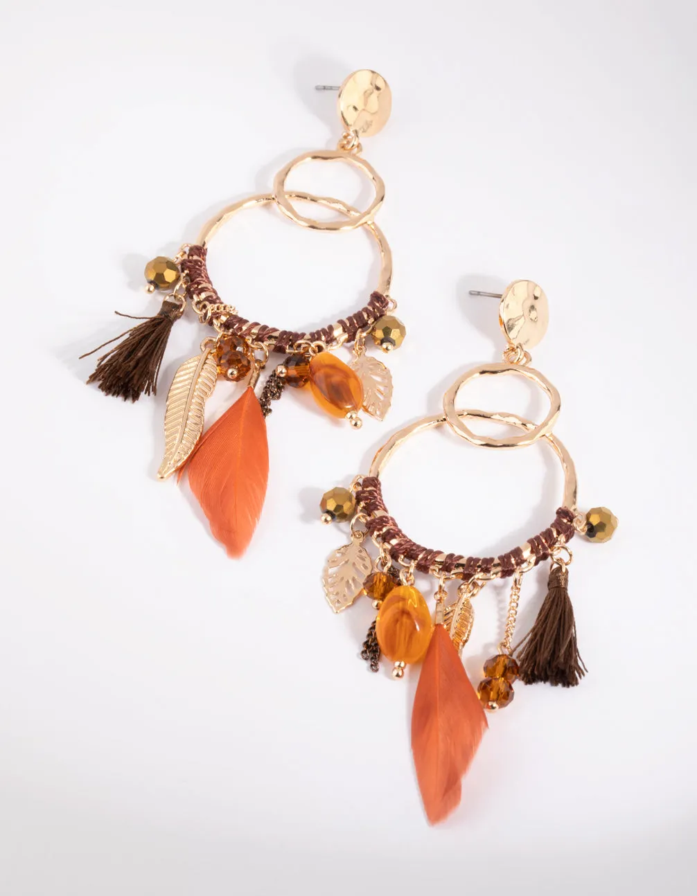 Contemporary Must-Have Brown Bead & Feather Drop Earrings