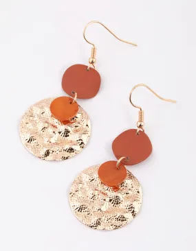 Brown Mixed Wrap & Hammered Disc Drop Earrings Beach Piece