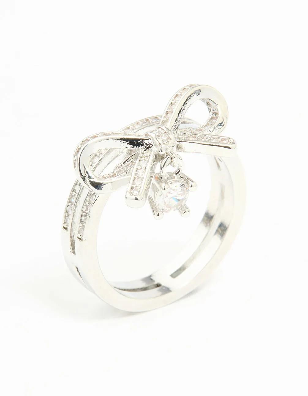 Soft Polish All Size Fit Silver Cubic Zirconia Bow Stacked Ring