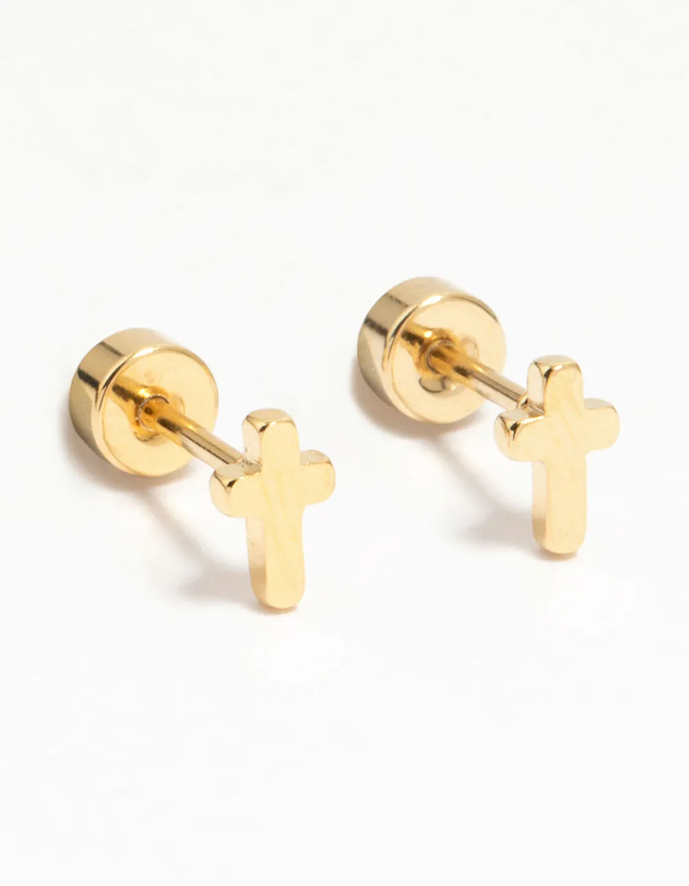 Kids Gold Plated Surgical Steel Cross Flat Back Earrings Elegant Style Brilliant Feature