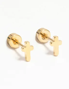 Gorgeous Feature Holiday Embellishment Kids Gold Plated Surgical Steel Cross Flat Back Earrings