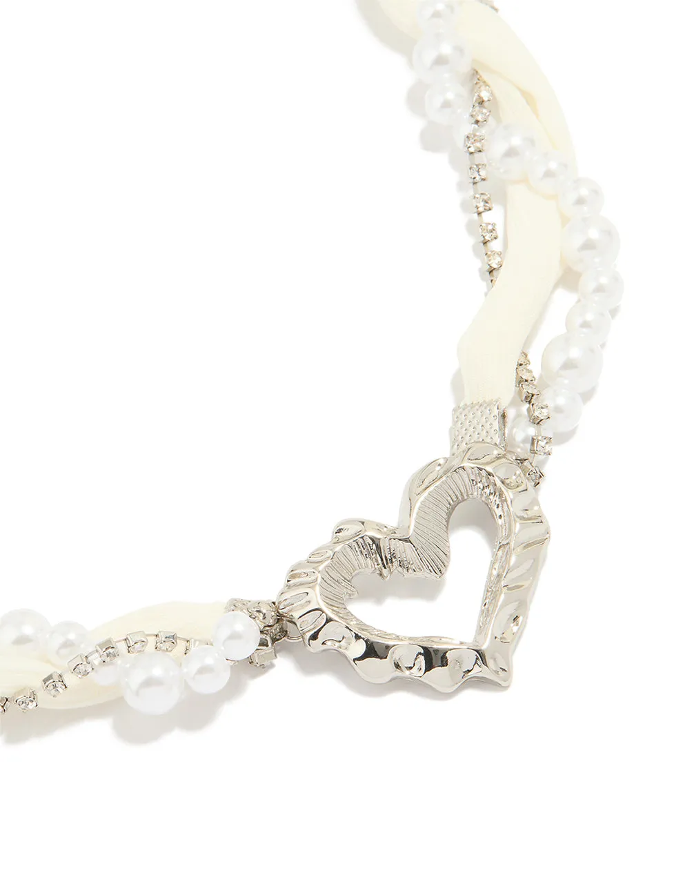 Bold Style Exclusive item Silver Fabric Pearl Heart Pendant Necklace