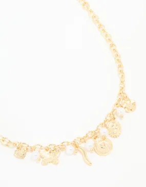 Gold Plated Cross & Mixed Charm Necklace Fine Present