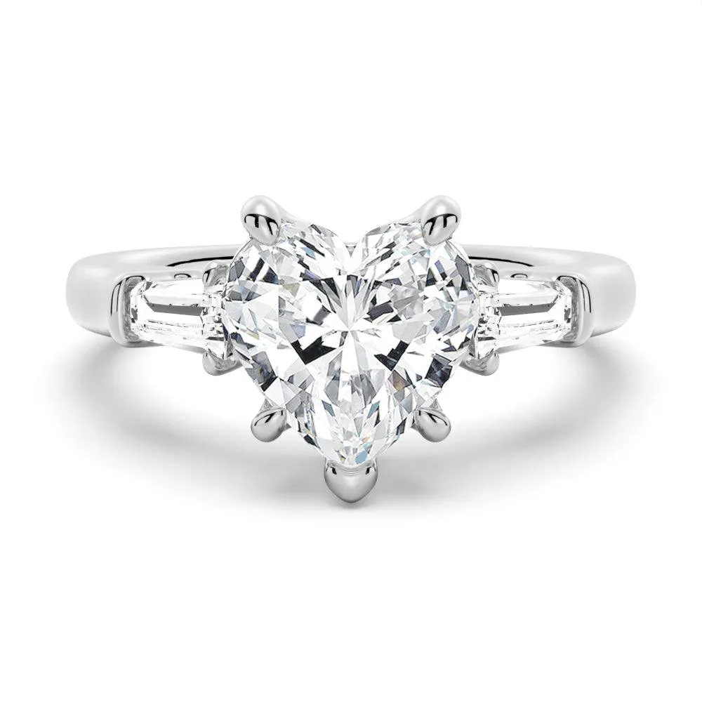 Low-Cost Style Polished Outline Heart Shaped Moissanite Engagement Ring with Tapered Baguette Side Stones
