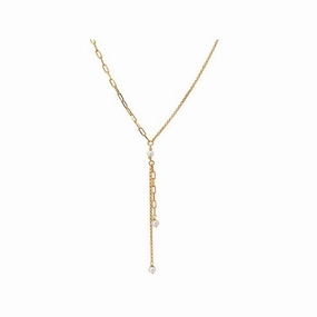 Dazzling Piece Sterling Silver Gold Plated Paperclip/Rolo Chain Lariat Necklace with 5mm Pearls