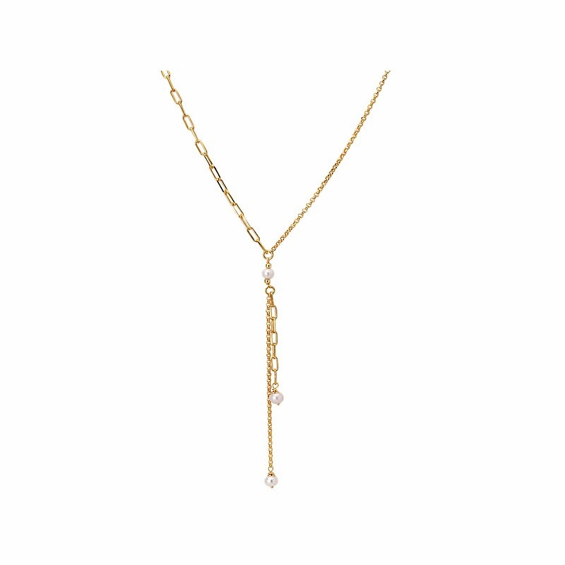 Dazzling Piece Sterling Silver Gold Plated Paperclip/Rolo Chain Lariat Necklace with 5mm Pearls