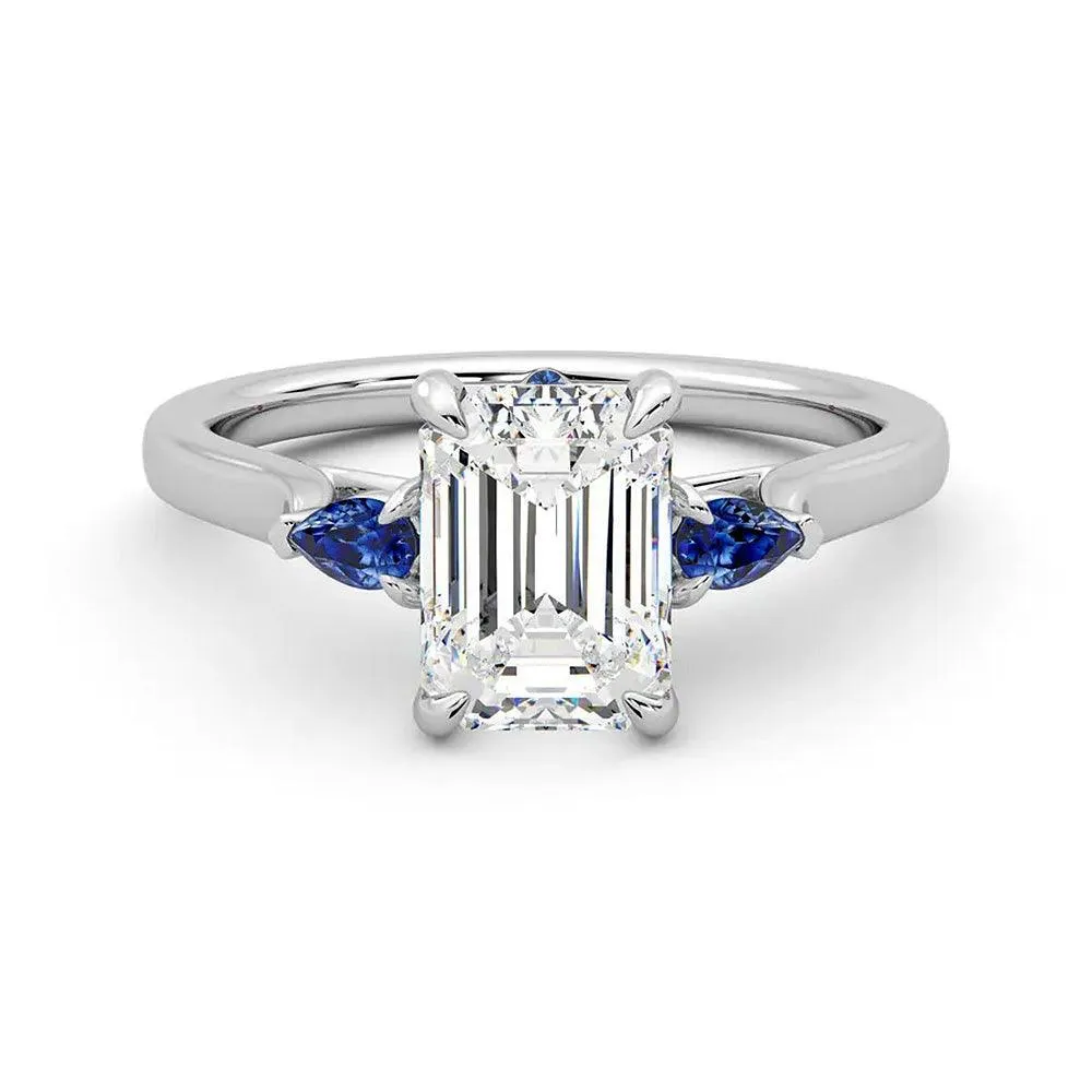 Elegant Texture Three Stone Emerald Cut Moissanite Engagement Ring with Hidden Anniversary Stone Accent