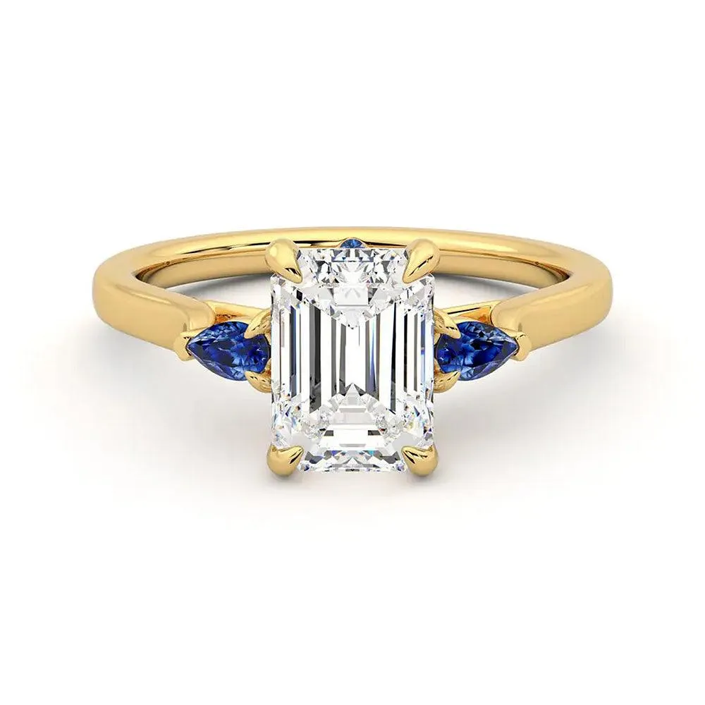 Lively Accent High-End Decoration Three Stone Emerald Cut Moissanite Engagement Ring with Hidden Anniversary Stone Accent