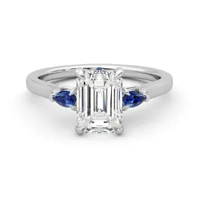 Three Stone Emerald Cut Moissanite Engagement Ring with Hidden Anniversary Stone Accent Daily Wear
