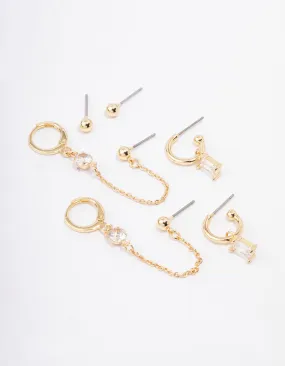 Gold Plated Brass Baguette Hoop Chain Earring 4-Pack Magnificent Embellishment