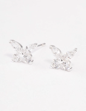 Sterling Silver Cubic Zirconia Butterfly Stud Earrings Round Trinket Modern Finish