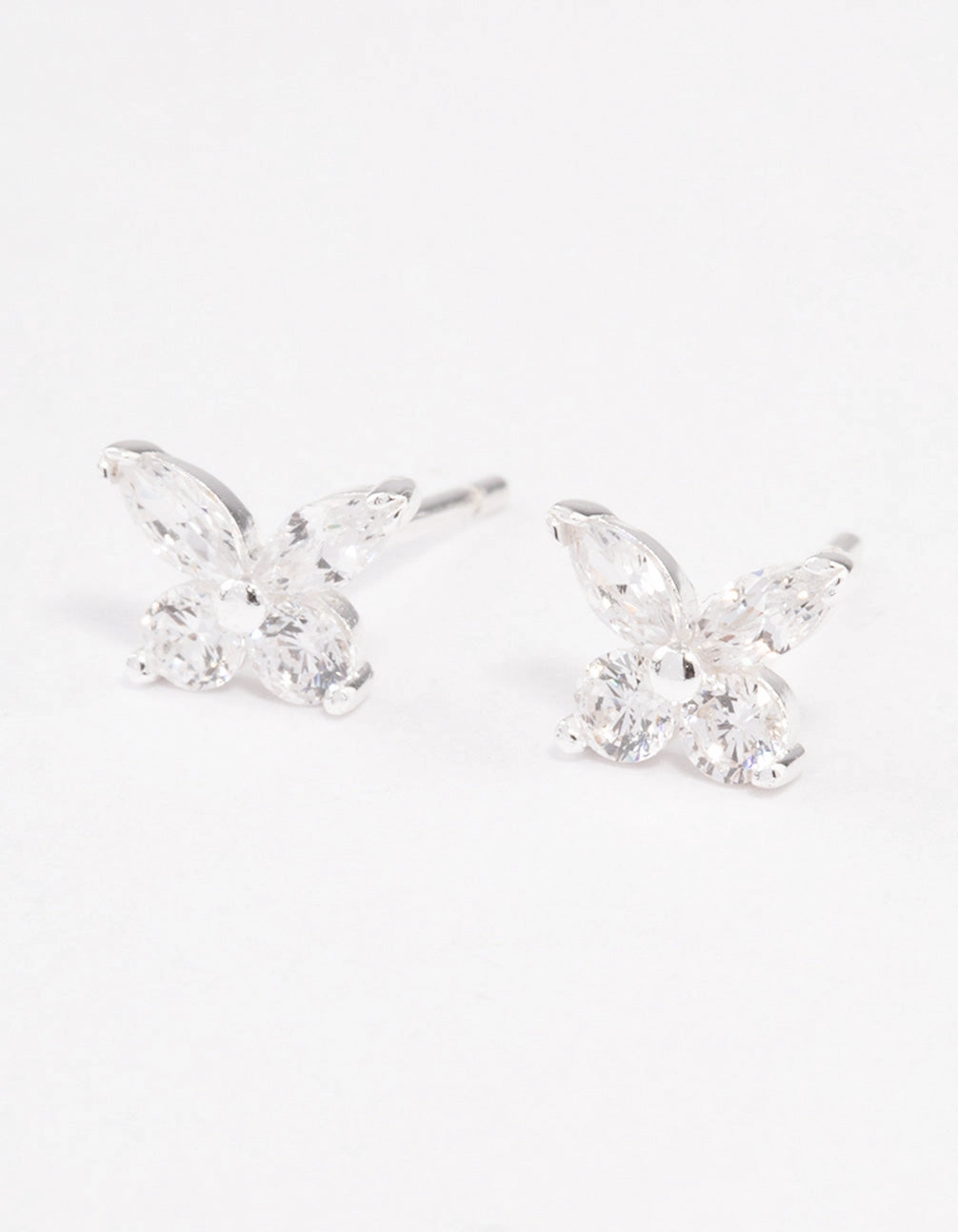 Sterling Silver Cubic Zirconia Butterfly Stud Earrings Round Trinket Modern Finish