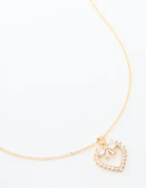 Gold Plated Cubic Zirconia Heart & Bow Pendant Necklace Social Piece Gorgeous Ornament