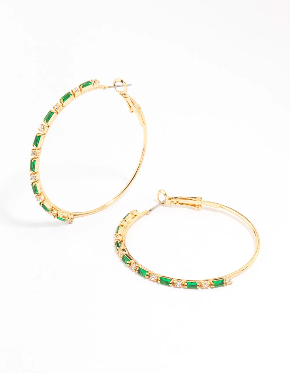 Sparkling Element Gold Plated Emerald Round & Baguette Large Hoop Earrings