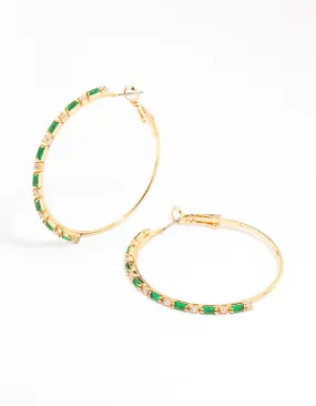 Retro Jewelry Substantial Decoration Gold Plated Emerald Round & Baguette Large Hoop Earrings