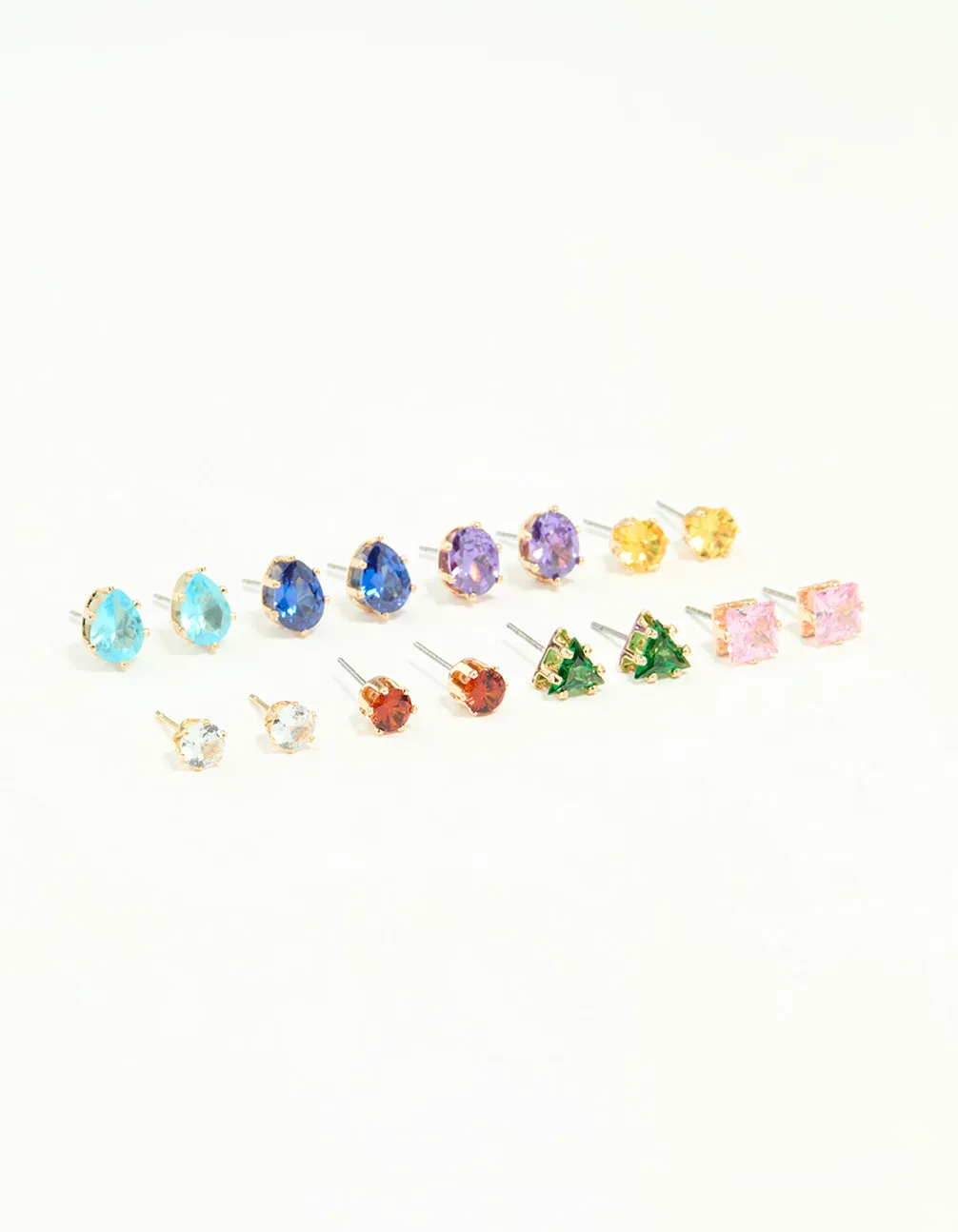 Rustic Adornment Decorative Finish Gold Multicoloured Diamante Mixed Shape Stud Earrings 8-Pack