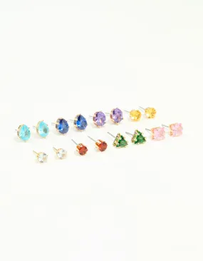 Rustic Adornment Decorative Finish Gold Multicoloured Diamante Mixed Shape Stud Earrings 8-Pack