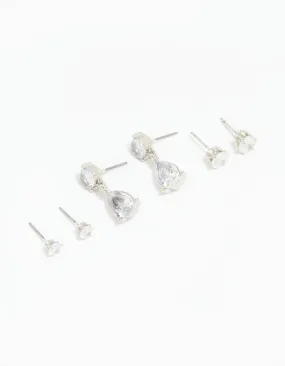 Silver Cubic Zirconia Stud & Drop Earrings 3-Pack Trendy Detail