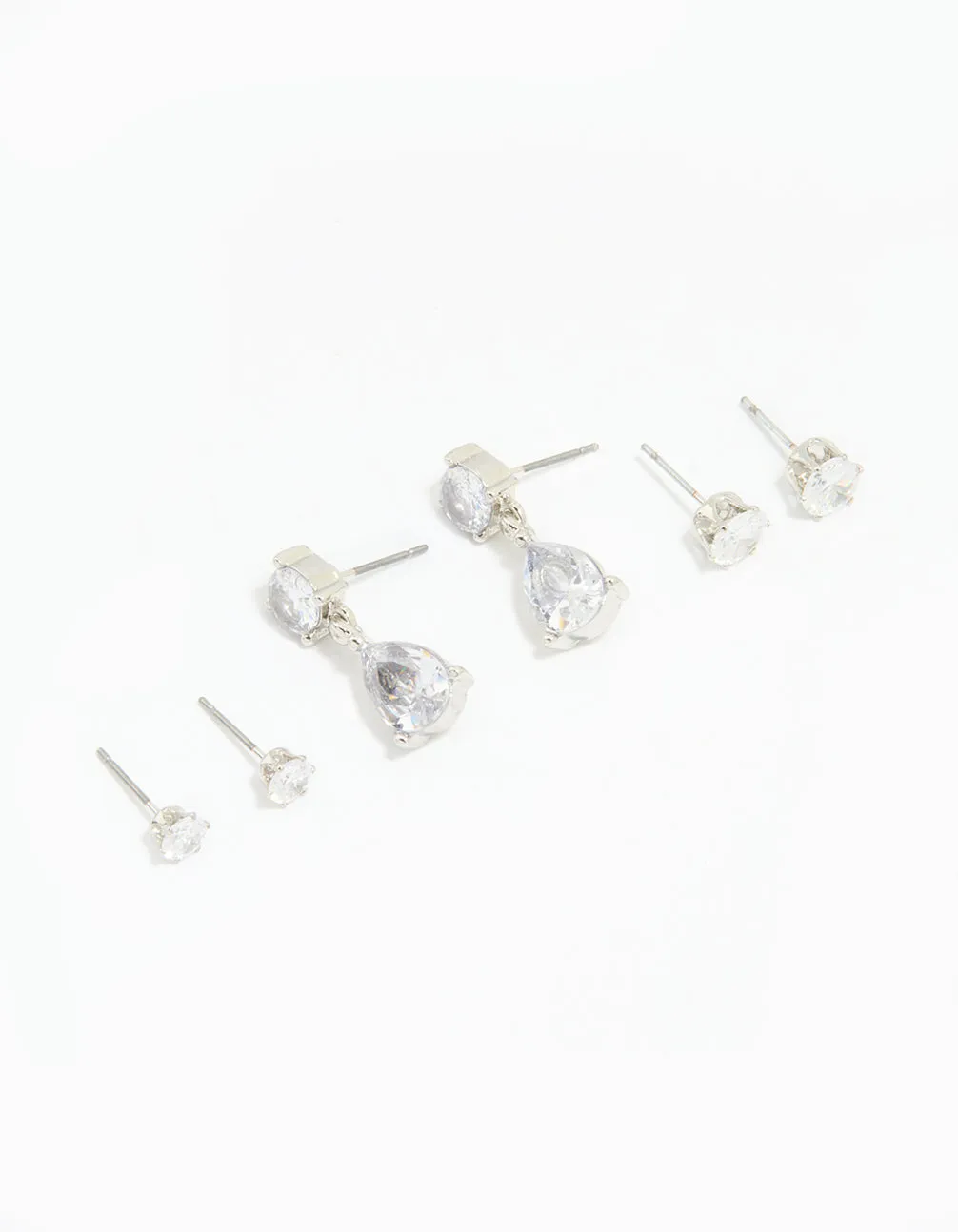 Silver Cubic Zirconia Stud & Drop Earrings 3-Pack Trendy Detail