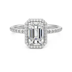 Handcrafted Ornament Classic Halo Emerald Cut Moissanite Engagement Ring with Hidden Anniversary Stone Accent