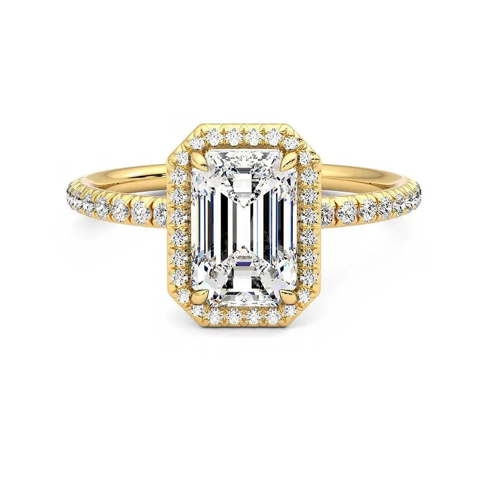 Classic Halo Emerald Cut Moissanite Engagement Ring with Hidden Anniversary Stone Accent Dainty Pop