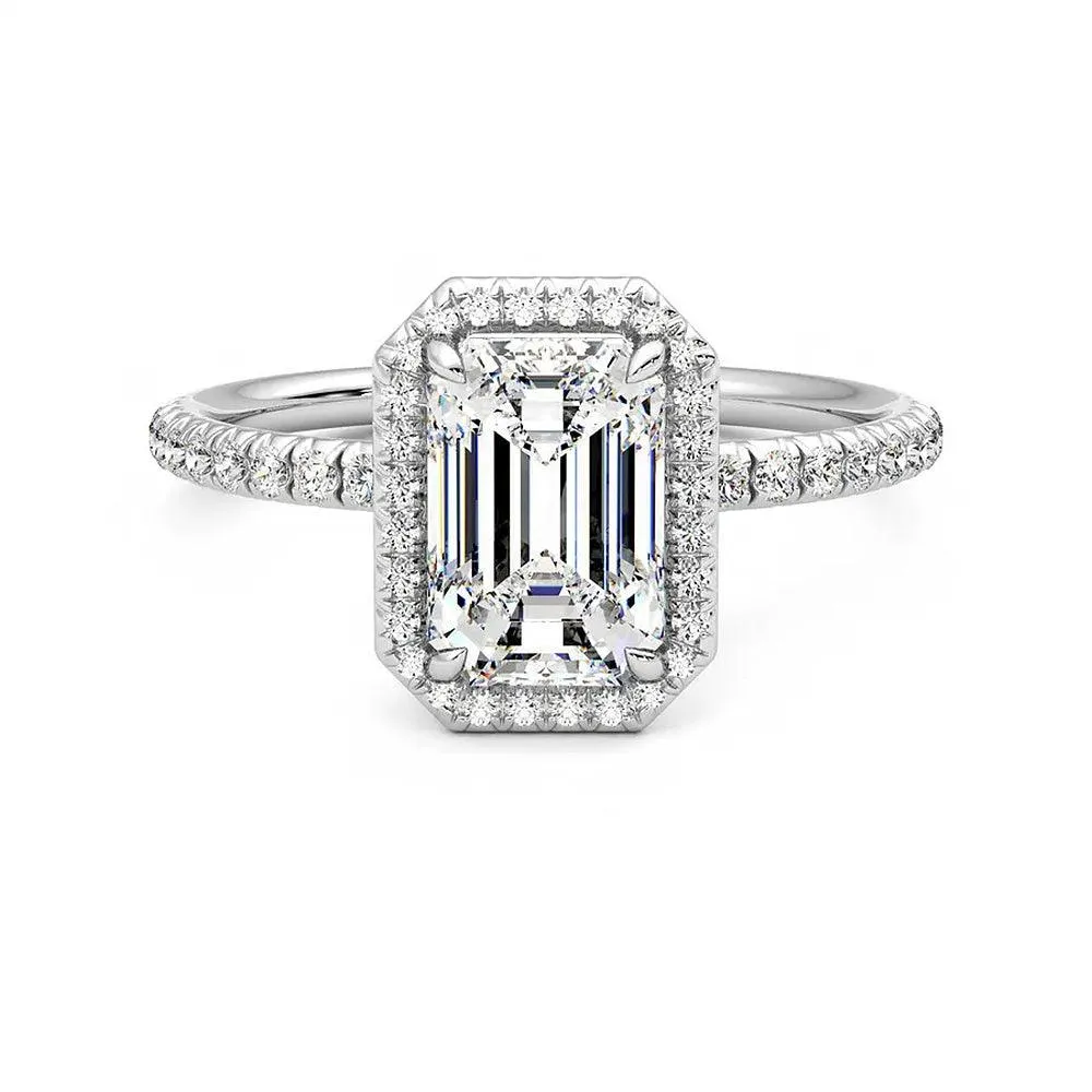 Simple Elegance Modern Trend Classic Halo Emerald Cut Moissanite Engagement Ring with Hidden Anniversary Stone Accent