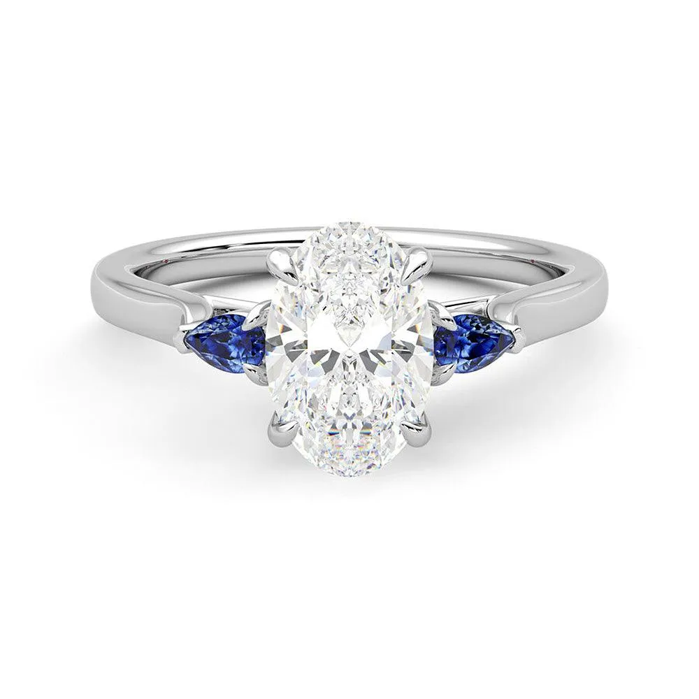 Economical Ornament Beautiful Item Three Stone Oval Cut Moissanite and Sapphire Engagement Ring with Hidden Anniversary Stone Accent