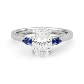 Unique Design Luxury Design Three Stone Oval Cut Moissanite and Sapphire Engagement Ring with Hidden Anniversary Stone Accent