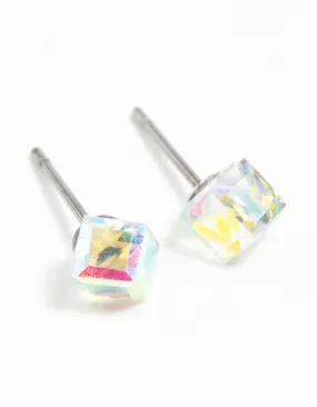 Party Ornament Secure Adornment Clear Gem 3D Cube Stud Earrings