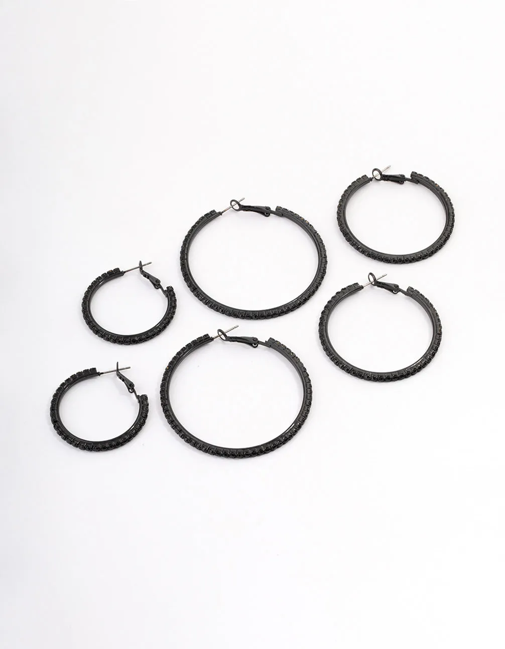 Daily Piece Sparkling Selection Coated Black Mixed Size Diamante Hoop Earrings
