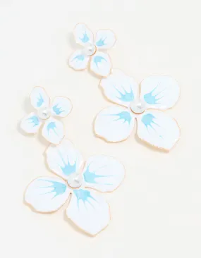 White & Blue Coated Metal Flower Drop Earrings Stylish Vibe Vintage-Inspired Accent