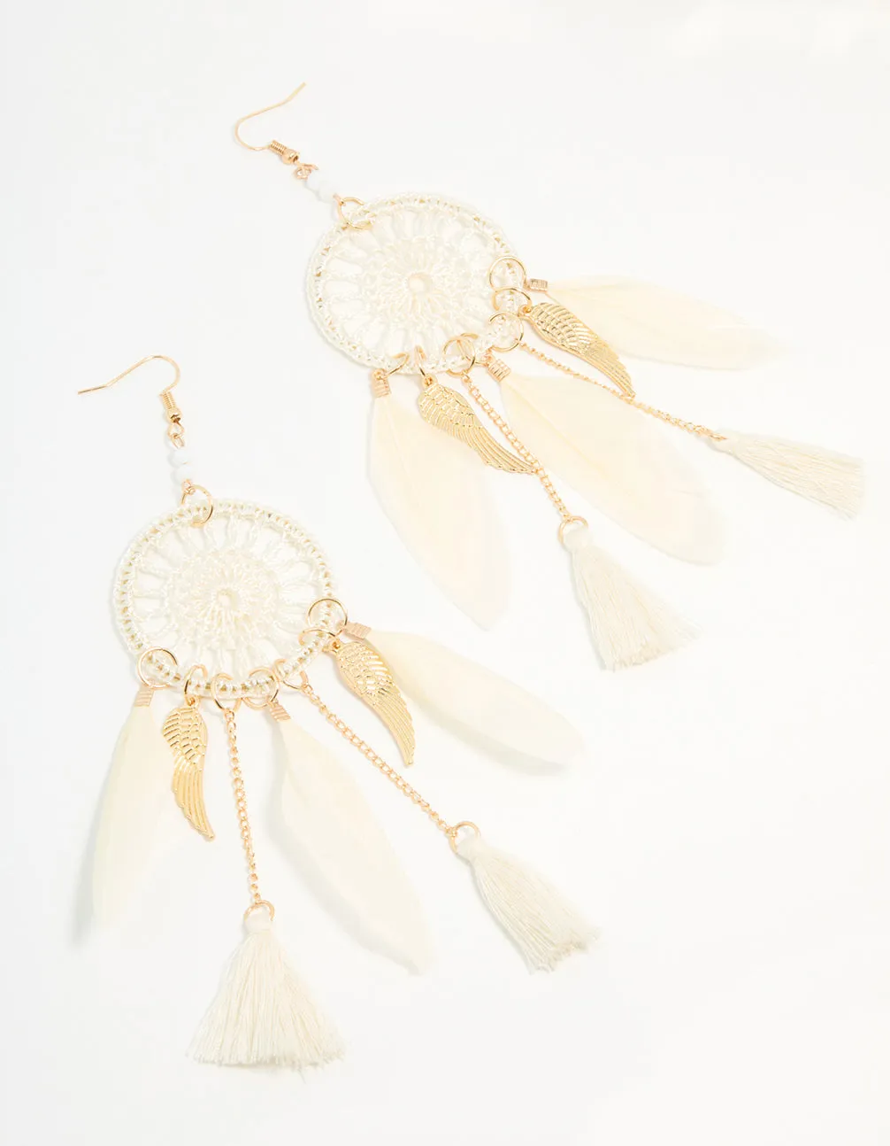 Colorful Adornment Miniature Piece Cream & Gold Feather Dreamcatcher Drop Earrings
