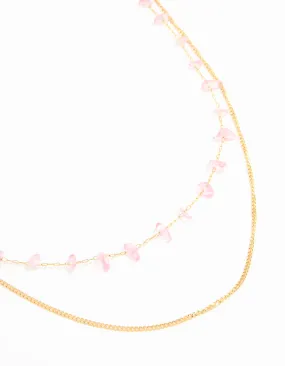 Waterproof Gold Plated Stainless Steel Pink Semiprecious Stone & Chain Layered Necklace Friendly Gift