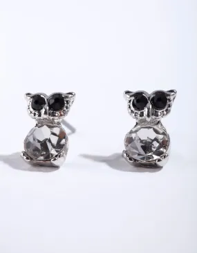 Vintage-Inspired Accent Summer Embellishment Silver Diamante Owl Stud Earrings