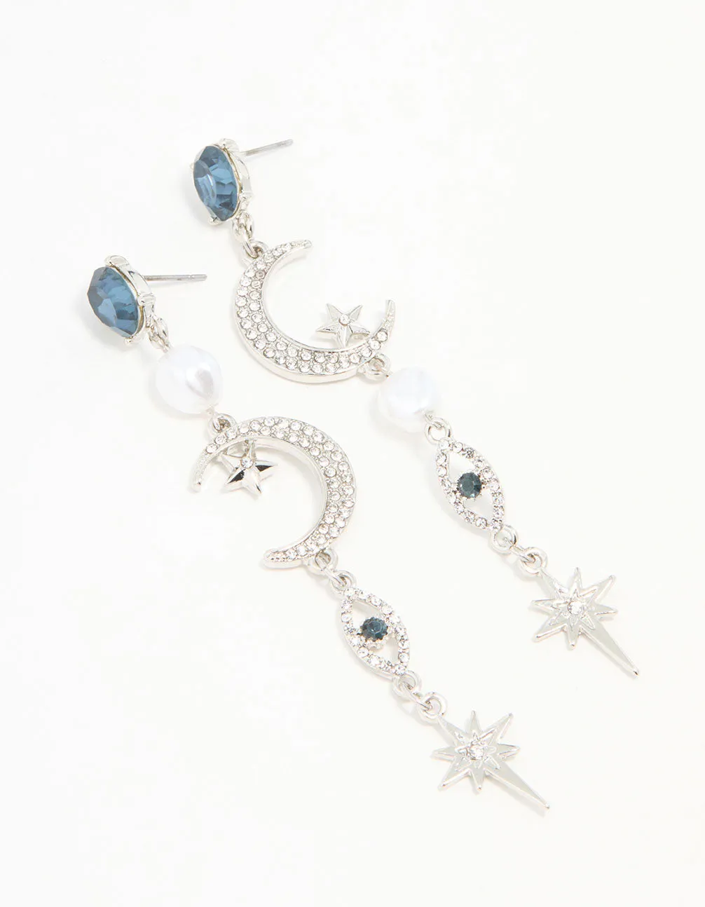 Secure Appearance Ornate Element Silver Blue Diamante Celestial Drop Earrings